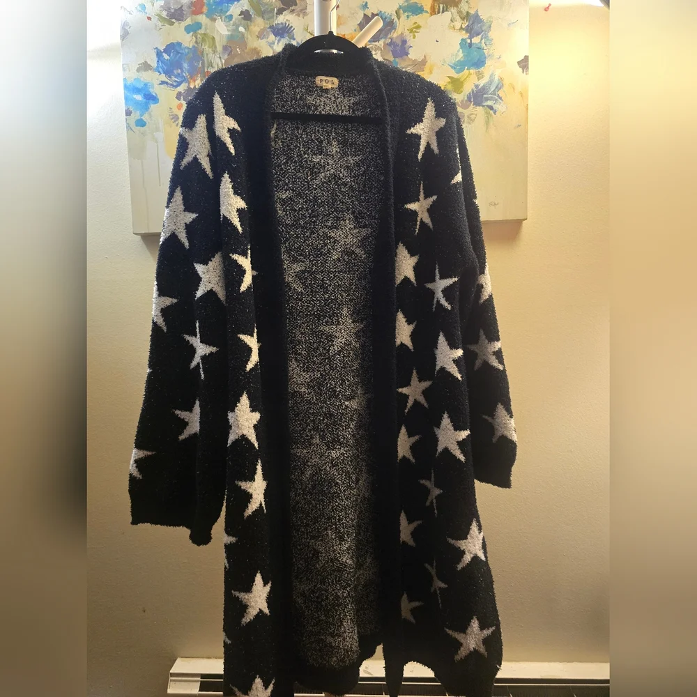 POL Black Star Print Super Soft Duster Cardigan | Oversized Cozy Open Front NWOT